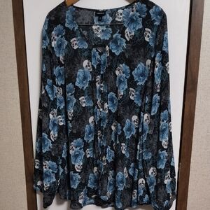 Torrid Black and Blue Floral Skull Blouse